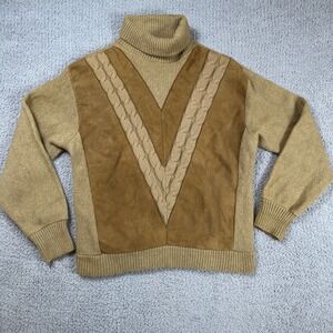 Vintage Campus Mens Turtleneck Sweater Made in USA Suede & Cable Knit Tan Size M